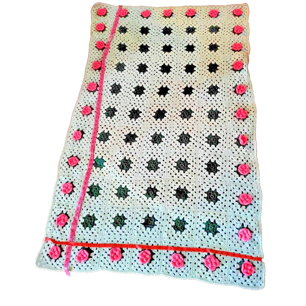 Handmade Crochet Knit Throw Granny Blanket 3D Afghan Roses Square Floral Cottage
